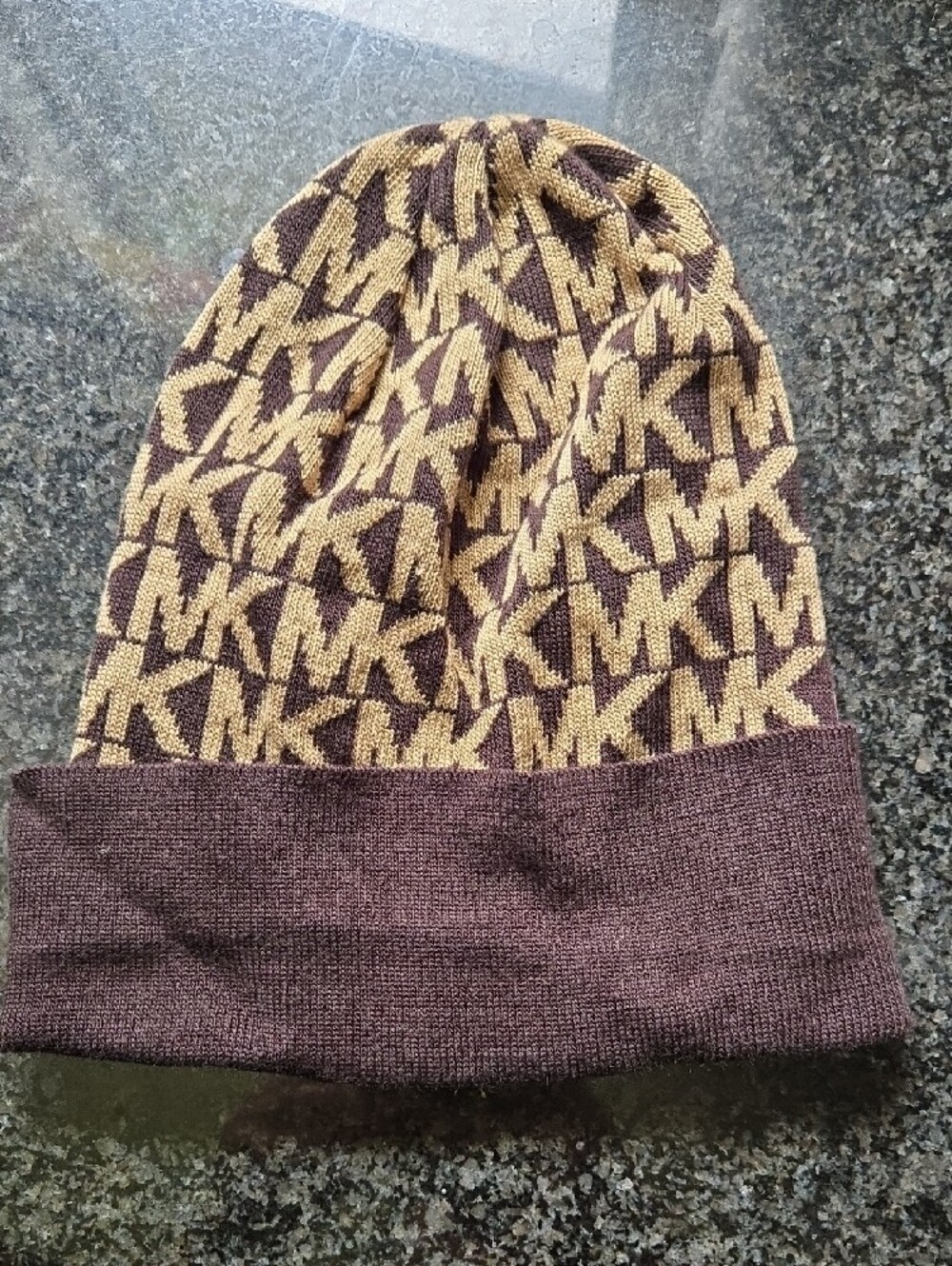 Michael Kors Brown and Beige MK Logo Knit Beanie - Picture 5 of 6